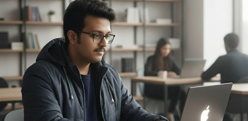 WordPress website design – professional web developer working at a desk, laptop showing WordPress dashboard, real-life workspace.