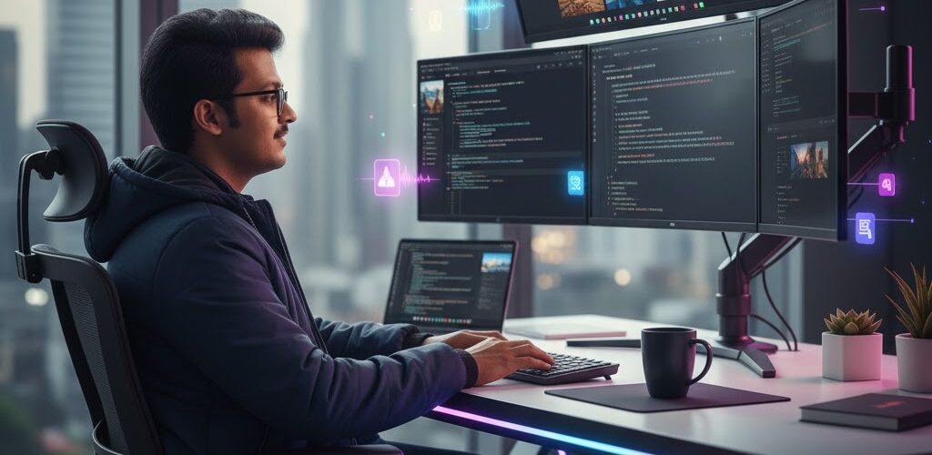 Custom website design & development workspace showing responsive website designs coding screens and AI assisted tools